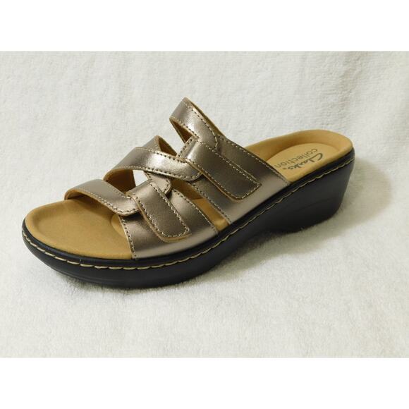 W613 Clarks Gold Metallic Merliah Karli Leather Slide Sandals Size 6 M - Picture 2 of 5